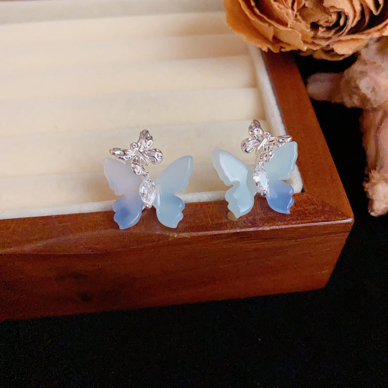 Luxury Gradient Pink or Blue Butterfly Gold Earrings – Elegant Design