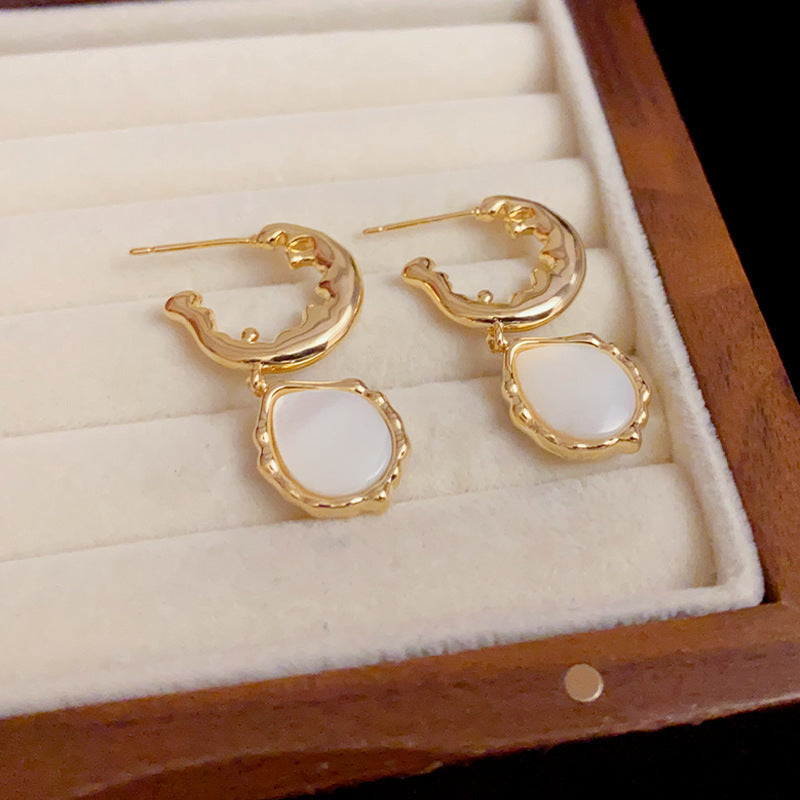 Elegant Metal & Mother-of-Pearl Drop Earrings – Geometric Design