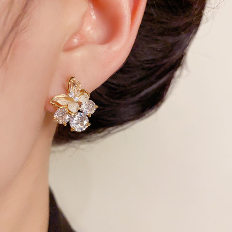 14K Gold-Plated Diamond Butterfly Stud Earrings – Elegant Design