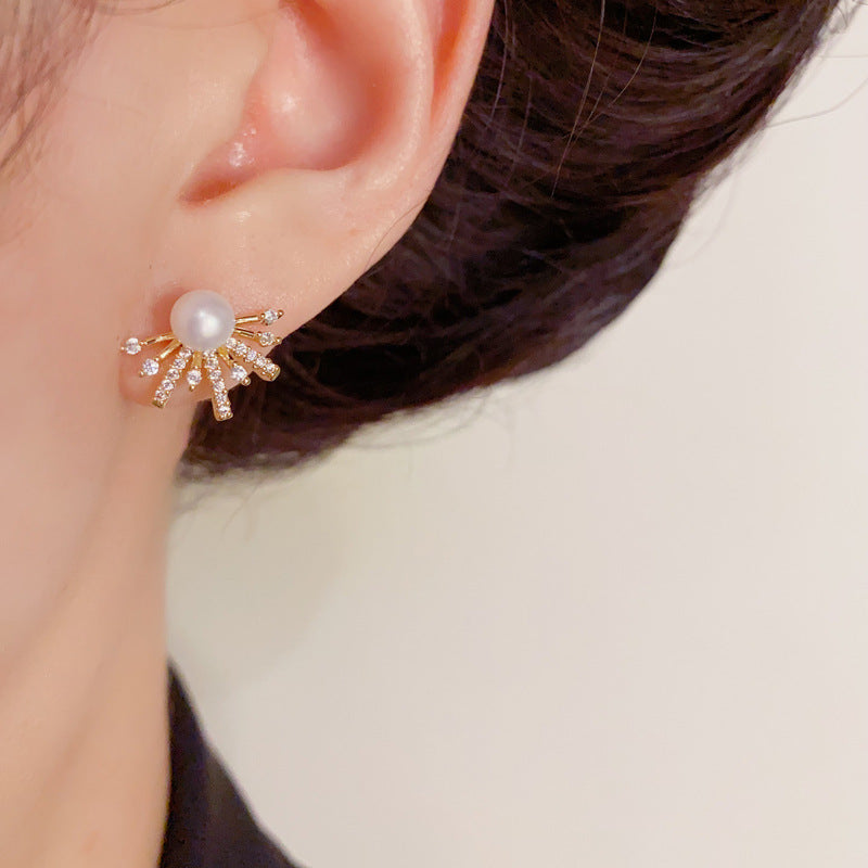 Elegant Zircon Sunflower & Pearl Stud Earrings – Geometric Design