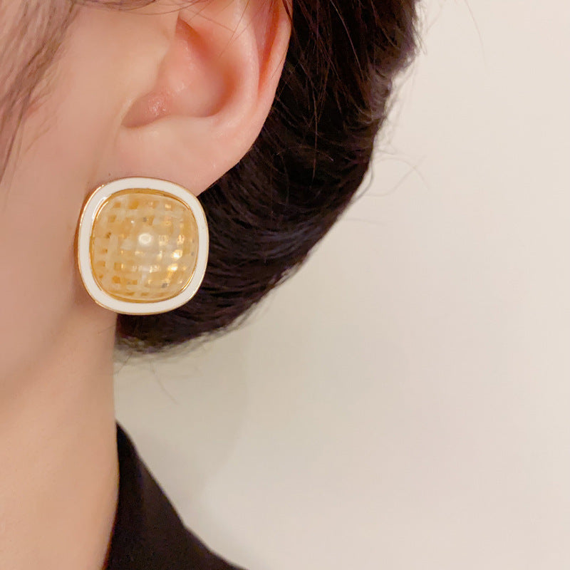 14K Gold Striped Enamel Square Stud Earrings – Modern Geometric Design