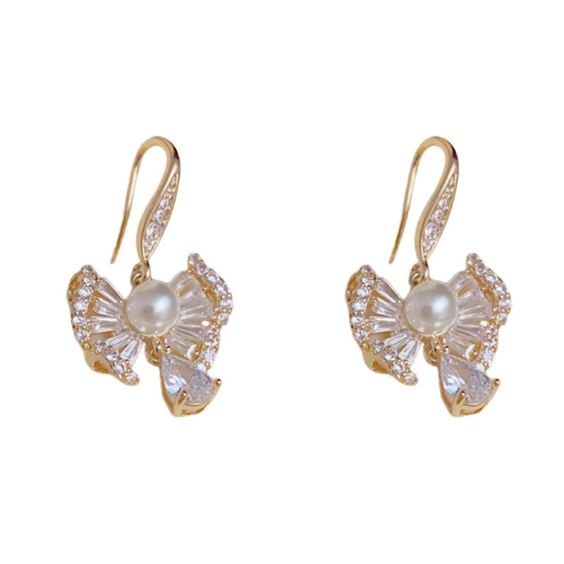 Luxury Zircon Bow & Pearl Teardrop Earrings – Elegant Design
