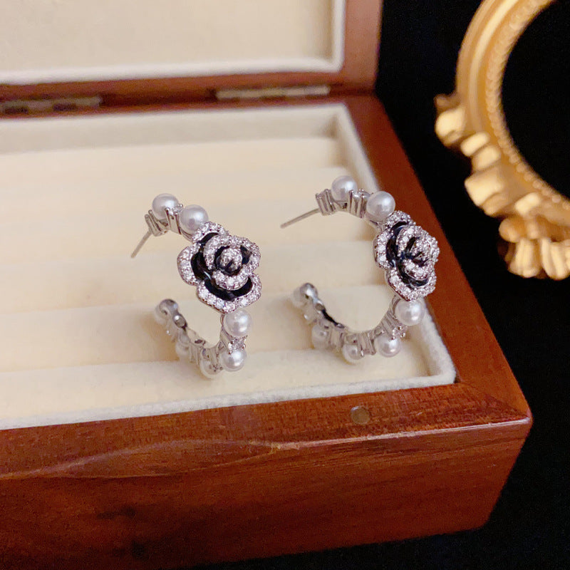 Elegant Zircon Camellia & Pearl Hoop Earrings – Floral Design