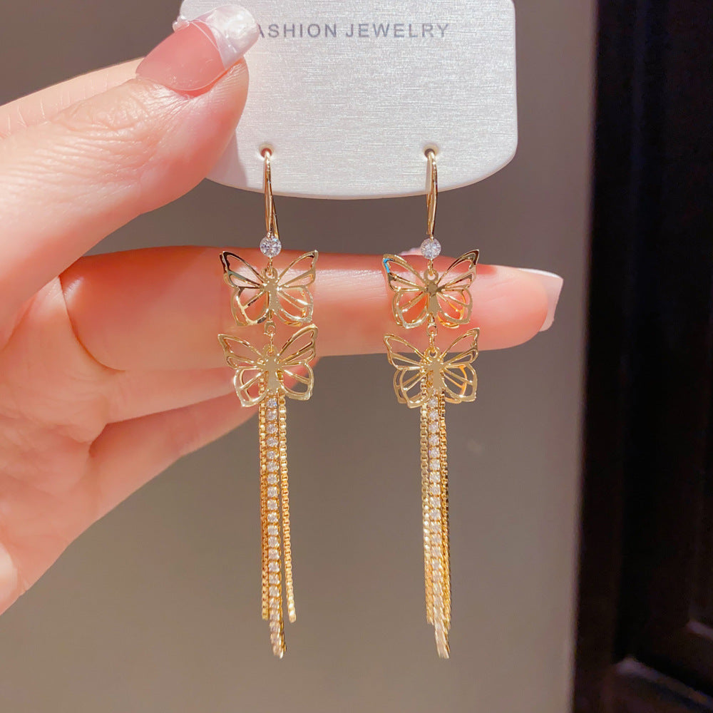 Eaioncol Cutout Butterfly CZ Tassel Drop Earrings Gold Silver