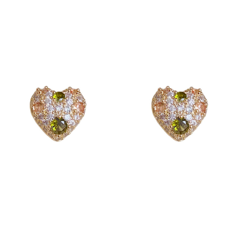14K Gold Luxury Full-Zircon Heart Stud Earrings – Geometric Design