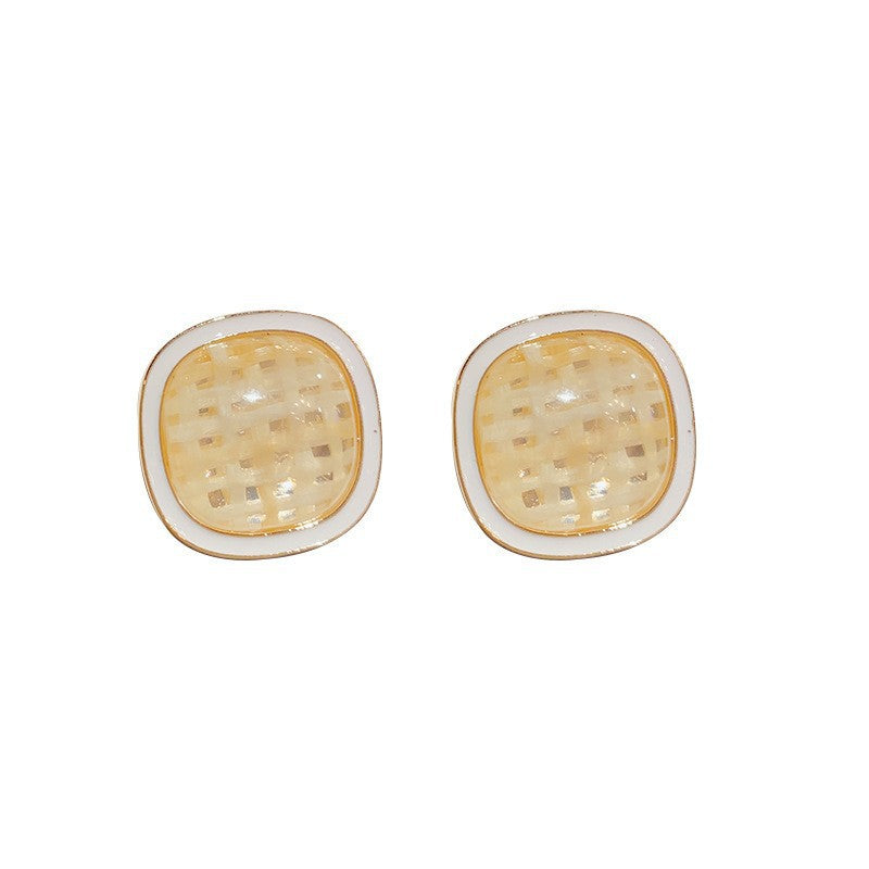 14K Gold Striped Enamel Square Stud Earrings – Modern Geometric Design
