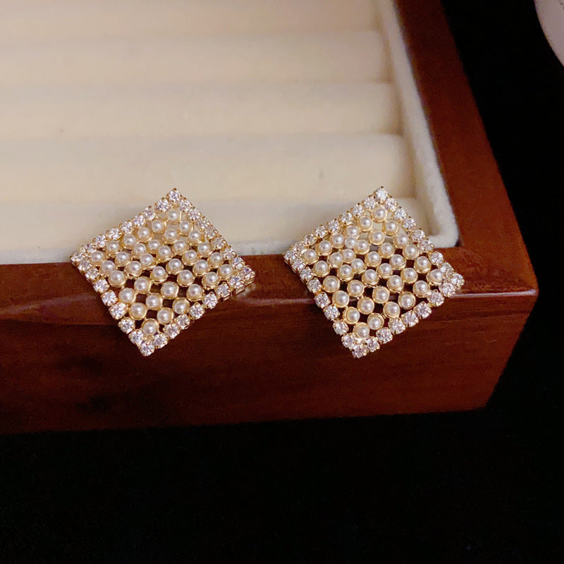 14K Gold-Plated Diamond Pearl Square Stud Earrings - Elegant & Chic