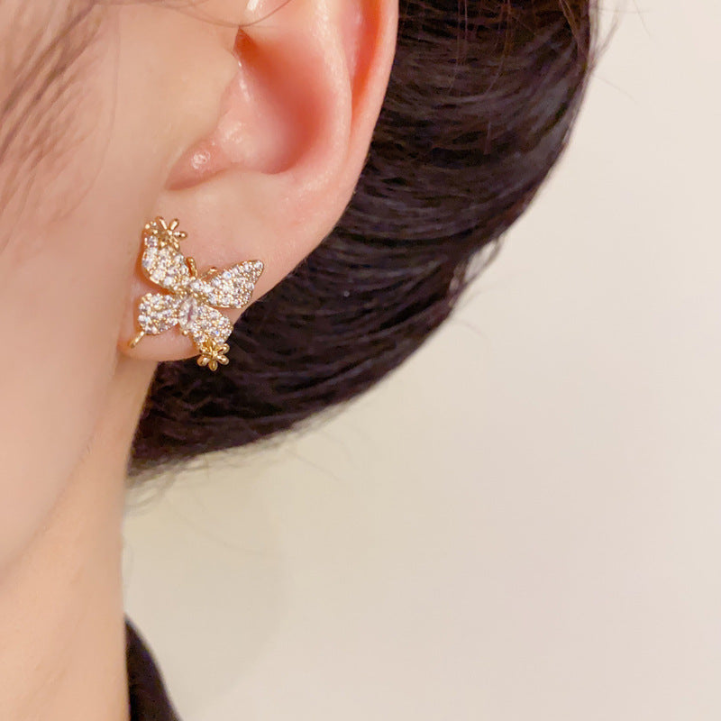 14K Gold-Plated Full Zircon Butterfly Stud Earrings – Elegant Sparkle