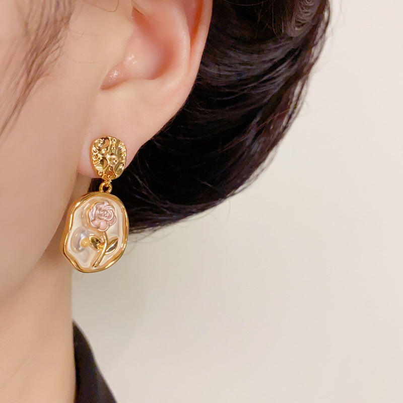 14K Gold Irregular Geometric Rose Drop Earrings– Elegant Vintage Style