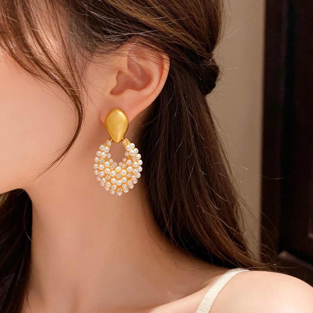 Eaioncol Brushed Rhombus Pearl Drop Earrings Gold Silver
