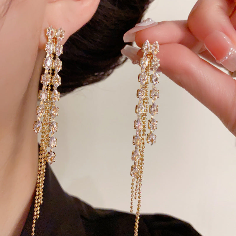 14K Gold Full Zircon Long Tassel Drop Earrings - Chic Elegance Design