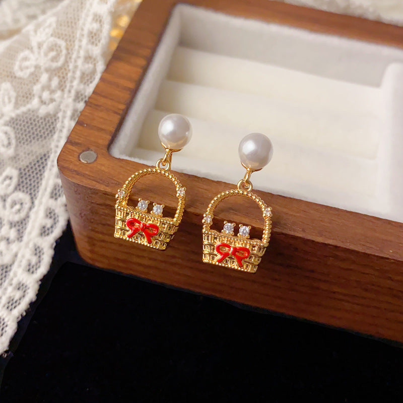 Luxury Pearl & Zircon Woven Basket Drop Earrings – Minimalist Design