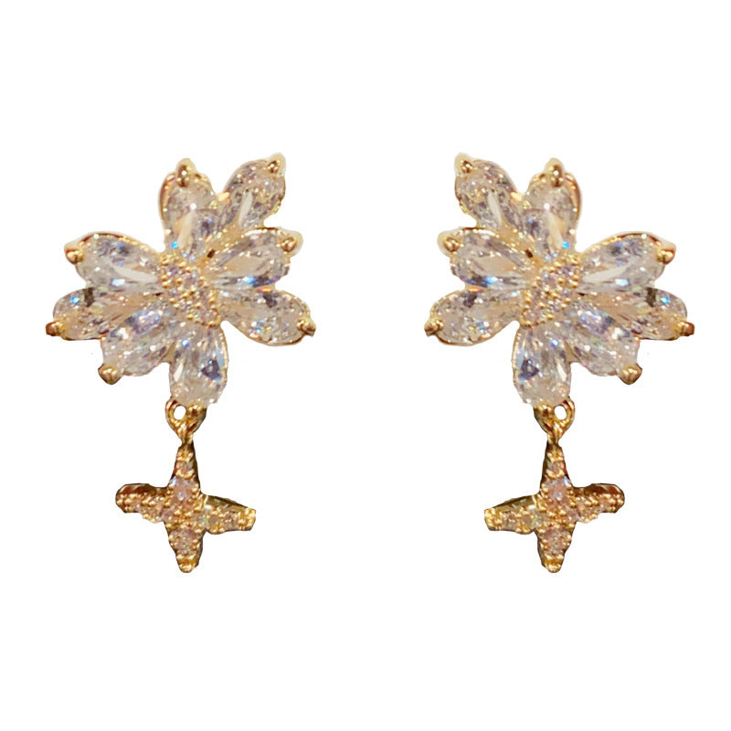 14K Gold Zircon Butterfly Star Drop Earrings- Chic Elegance Design