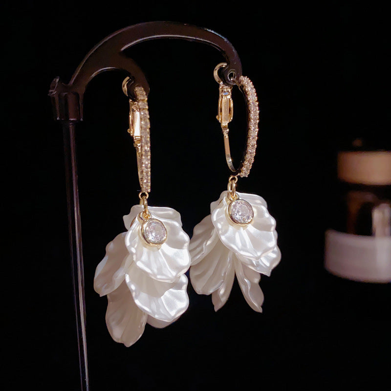 14K Gold Luxury Zircon White Petal Tassel Drop Earrings–Elegant Design