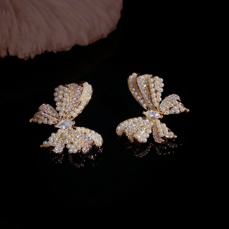 14K Gold-Plated Pearl Butterfly Earrings - Elegant Animal Design