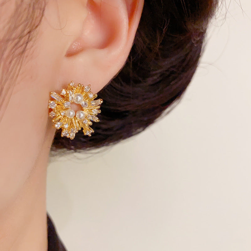 14K Gold Luxury Zircon Firework Flower Stud Earrings –Floral Design