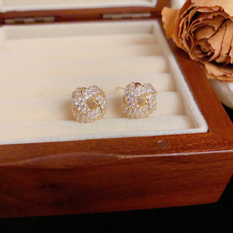 Luxury Full-Zircon Winding Round Stud Gold Earrings – Geometric Design