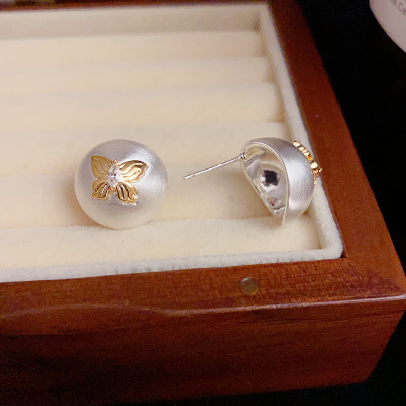 14K Gold-Plated Round Butterfly Stud Earrings - Elegant Minimalist