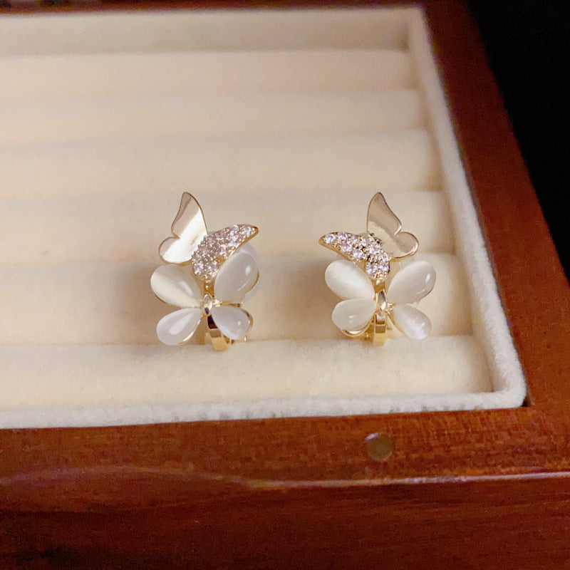 14K Gold Cat's Eye Butterfly Earrings – Elegant No-Piercing Design