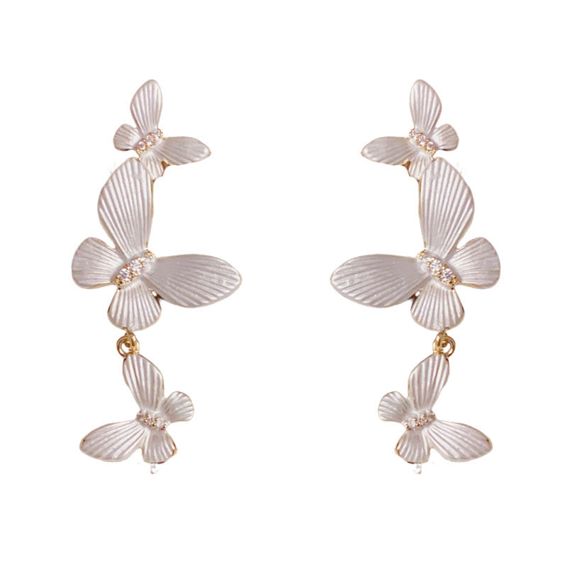 14K Gold Luxury 3D White Butterfly Tassel Drop Earrings–Elegant Design