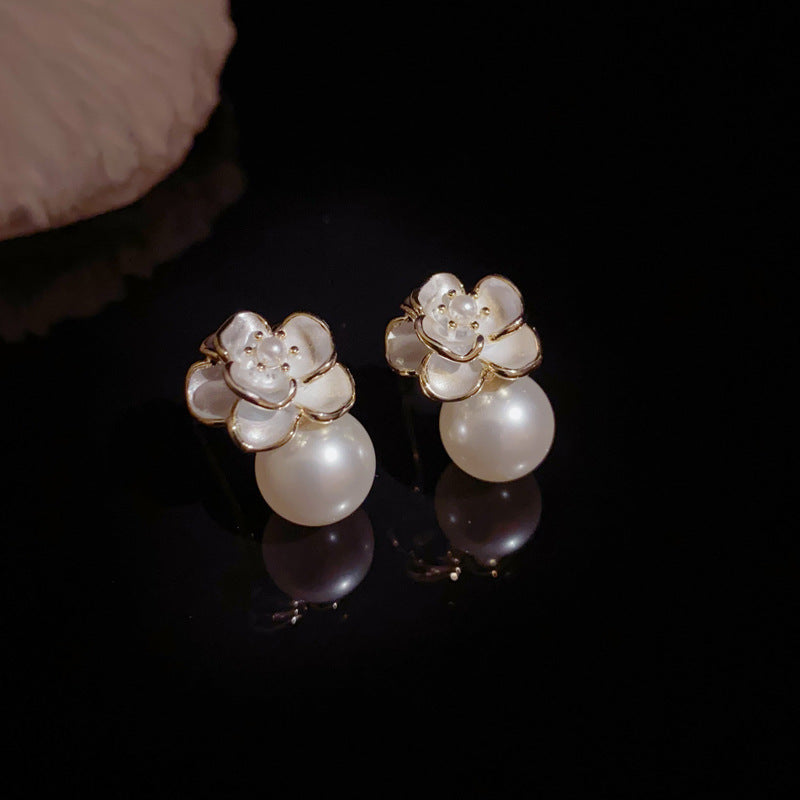 14K Gold-Plated Camellia Pearl Stud Earrings – Korean Minimalist Style