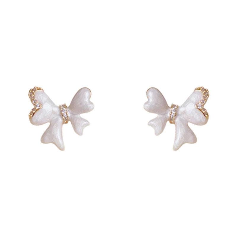 14K Gold Sweet Enamel & Zircon Bow Stud Earrings – Elegant Design