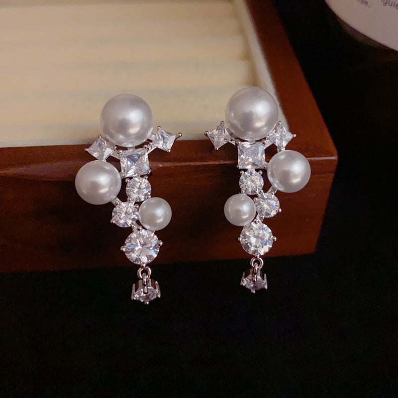 14K Gold-Plated Zircon Pearl Tassel Earrings – Bold Geometric Design