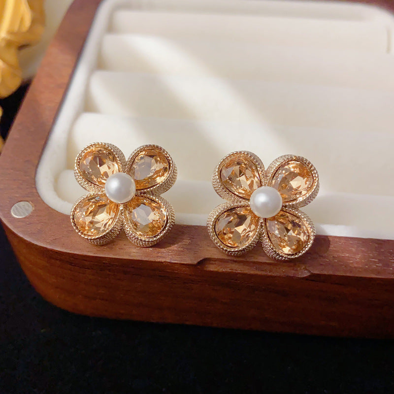 Luxury Coffee Zircon Pearl Petal Stud Earrings – Floral Design