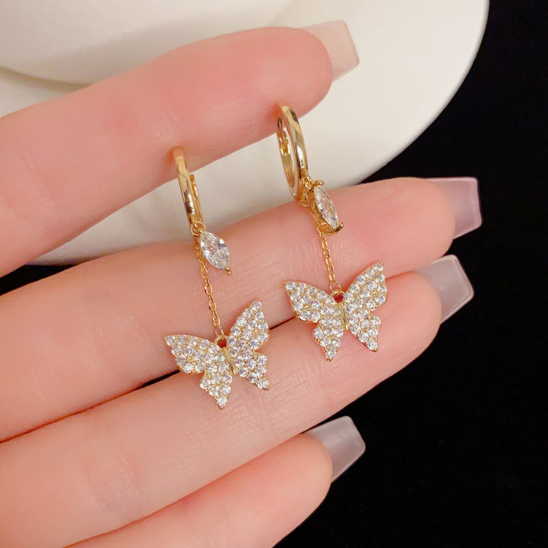 Elegant Zircon Butterfly Tassel Earrings – Micro-Pavé French Design