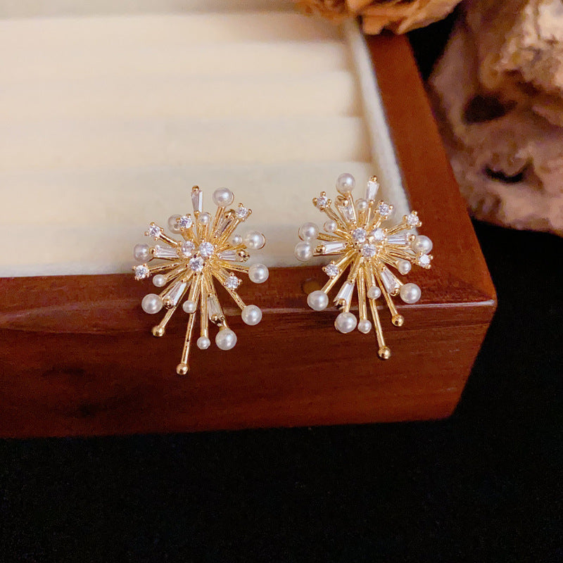Elegant Pearl & Zircon Firework Stud Earrings – Silver Needle Design