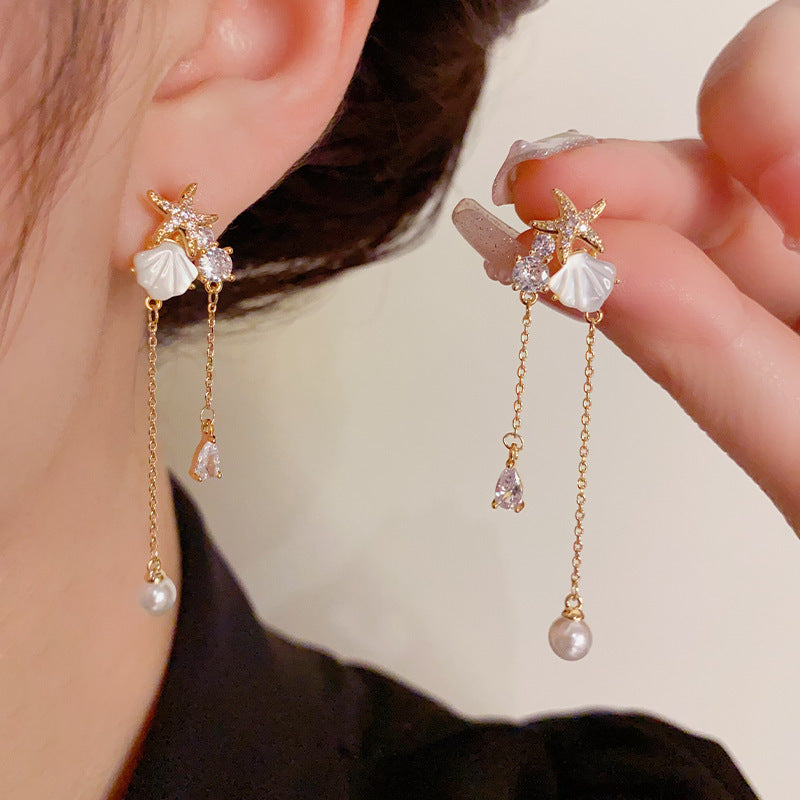 14K Gold-Plated Starfish Shell Zircon Tassel Earrings – Sweet Design