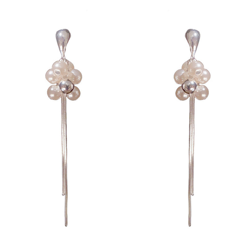 Luxury Silver Teardrop Pearl Tassel Drop Earrings – Elegant Design