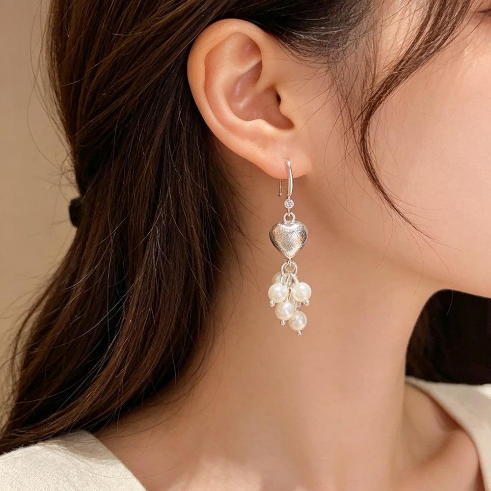 Eaioncol Heart Pearl Tassel Ear Hooks Earrings Gold Silver