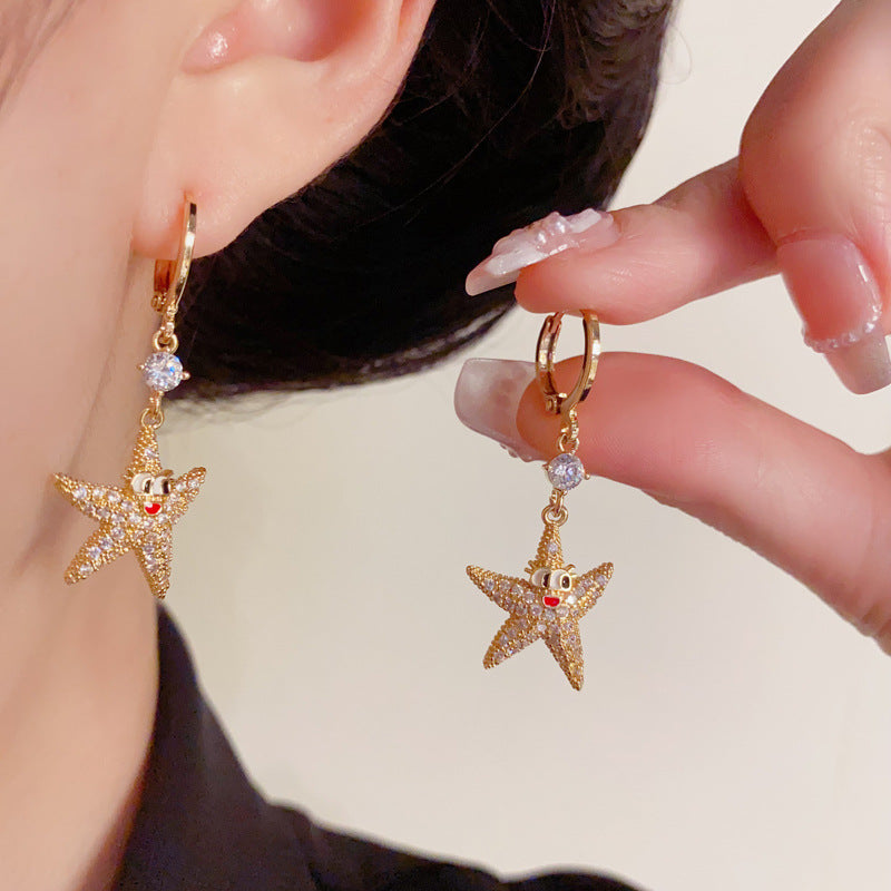 Luxury Zircon Starfish Tassel Drop Gold Earrings – Elegant Design
