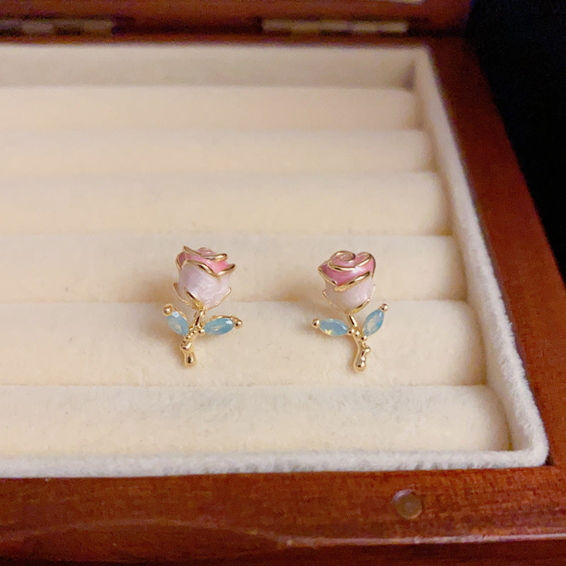 14K Gold-Plated Enamel Rose Stud Earrings – Elegant Floral Design
