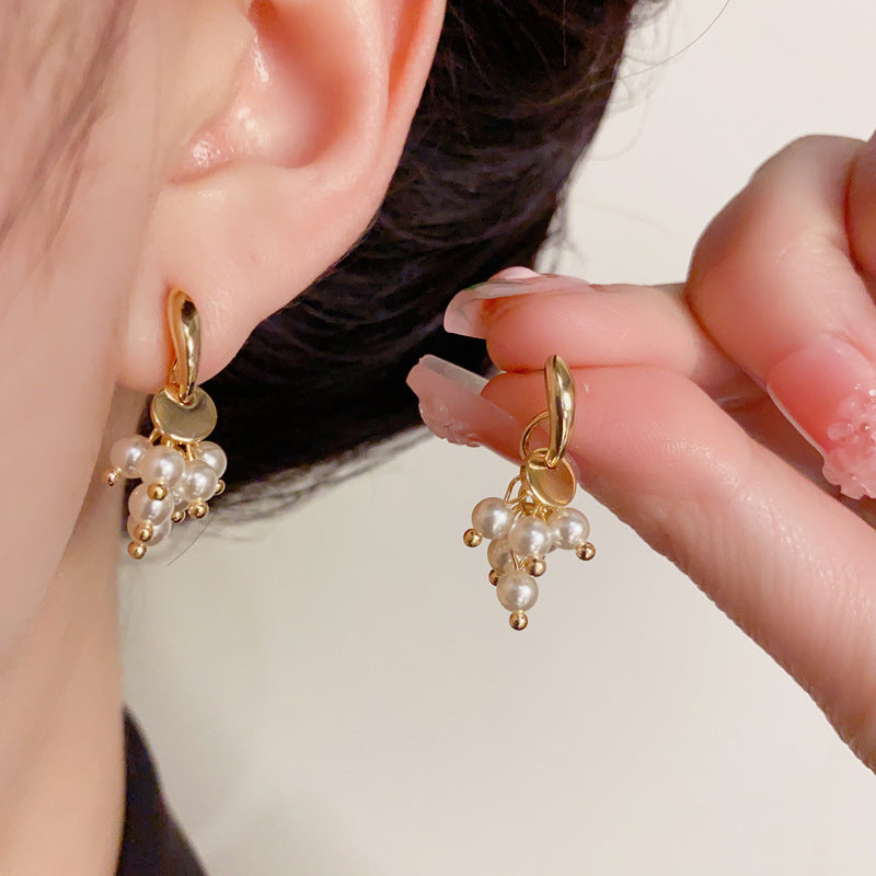 14K Gold-Plated Pearl Grape Tassel Earrings – Elegant Design