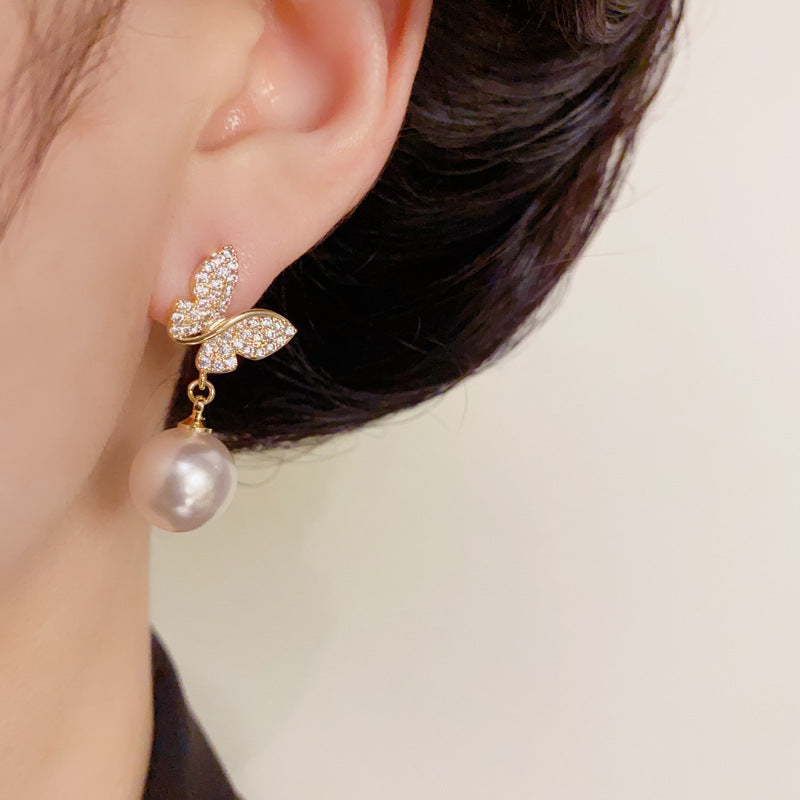 14K Gold-Plated Butterfly Pearl Drop Earrings – Elegant Chic Design