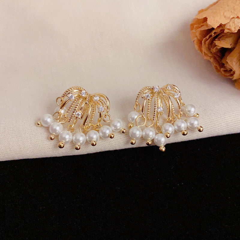 Elegant Firework Pearl Tassel Drop Earrings – Floral Design