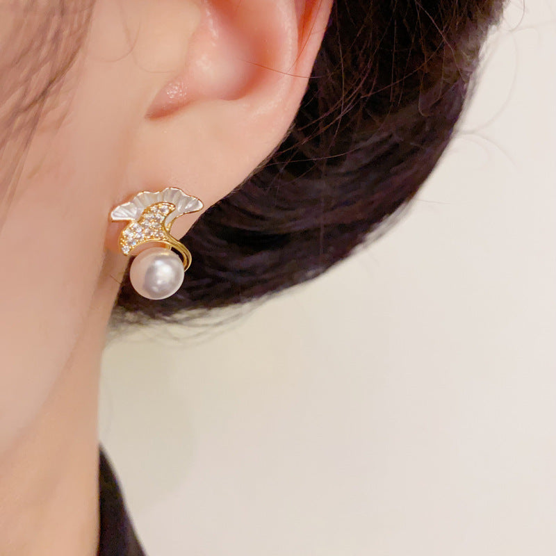 14K Gold Minimalist Double-Layer Ginkgo Leaf & Pearl Stud Earrings