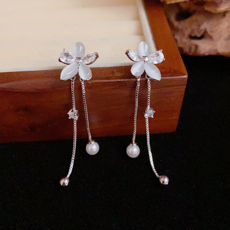 Zircon Flower & Pearl Tassel Drop Flower Earrings – Elegant Design