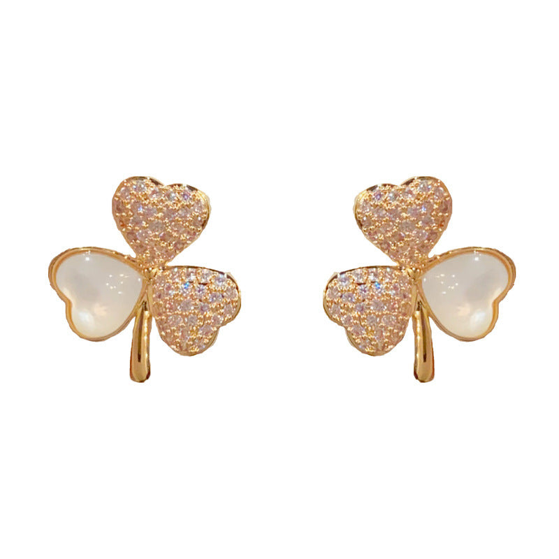 Elegant Zircon 4 Leaf Flower Stud Earrings – French Minimalist Design