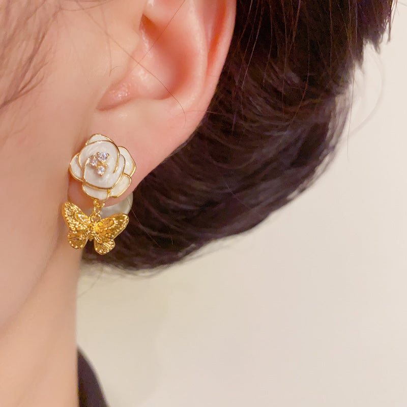 Sweet Flower & Butterfly Tassel Pearl Earrings – S925 Silver Needle