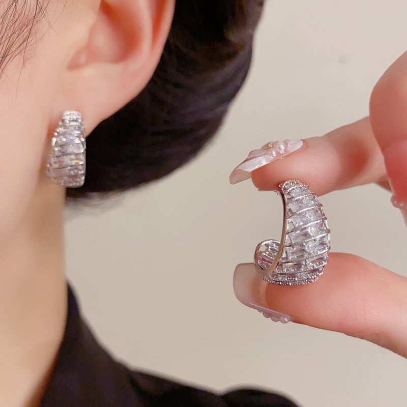 Gold C-Shape Zircon Hoop Earrings – 925 Silver Post for Sensitive Ears