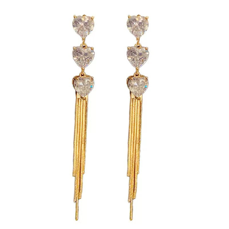 14K Gold Zircon Heart Long Tassel Drop - Chic Elegance Design