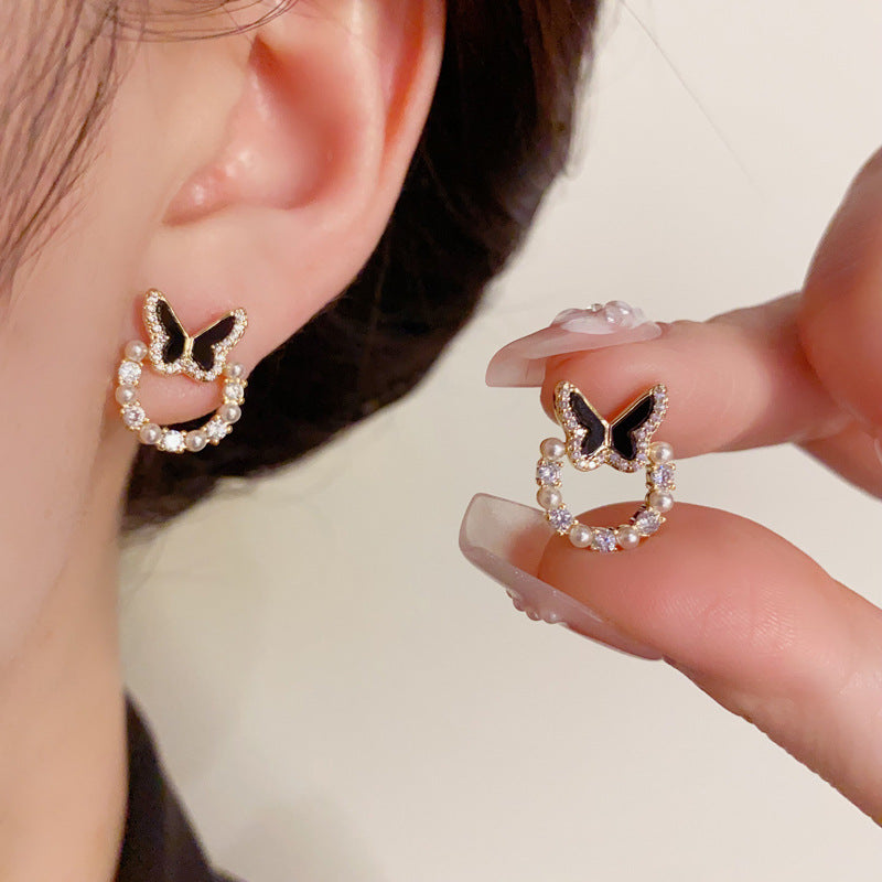 14K Gold-Plated Black Zircon Bead Butterfly Circle Earring - Elegant