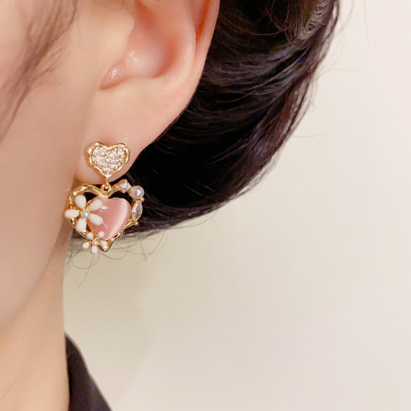 14K Gold Pink Heart Flower Drop Earrings – Sweet & Elegant Design