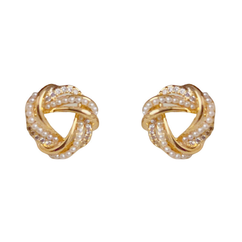 14K Gold Zircon & Pearl Wrapped Triangle Earrings – Geometric Design