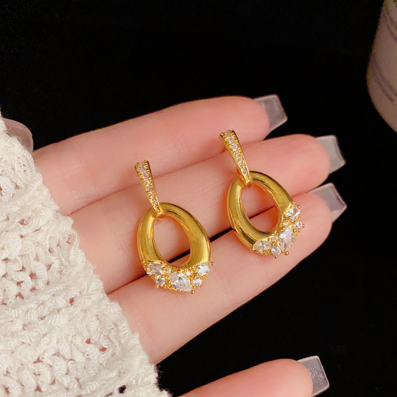 18K Gold-Plated Diamond-Studded Oval Earrings-Vintage Minimalist Style