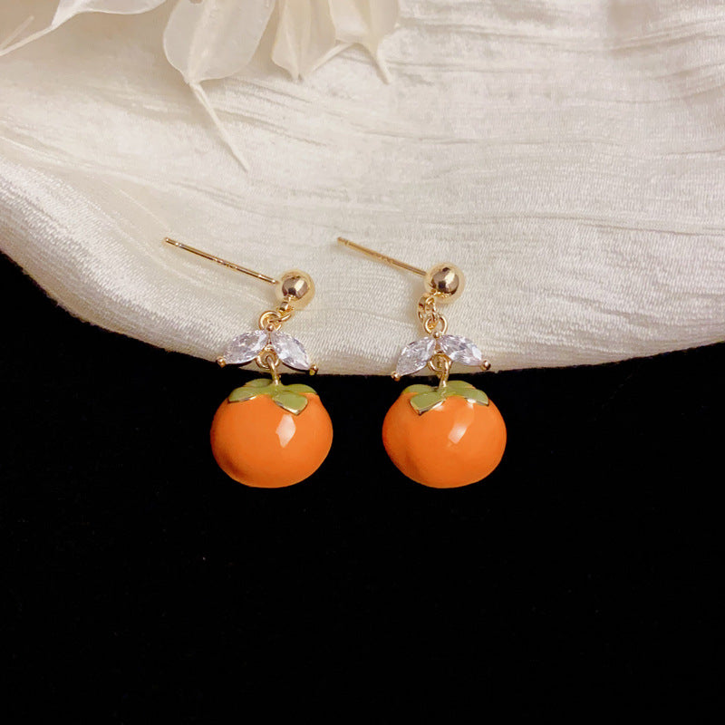 Elegant Enamel Persimmon Drop Gold Earrings – Fruit Design