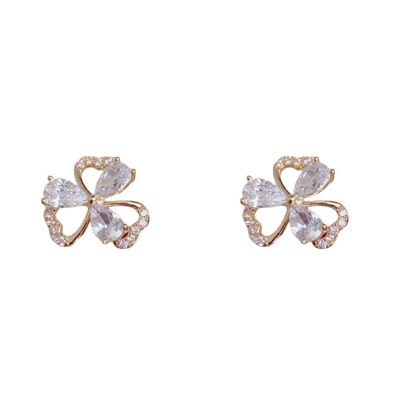 Elegant Zircon Three-Leaf Flower Stud Earrings – Floral Design